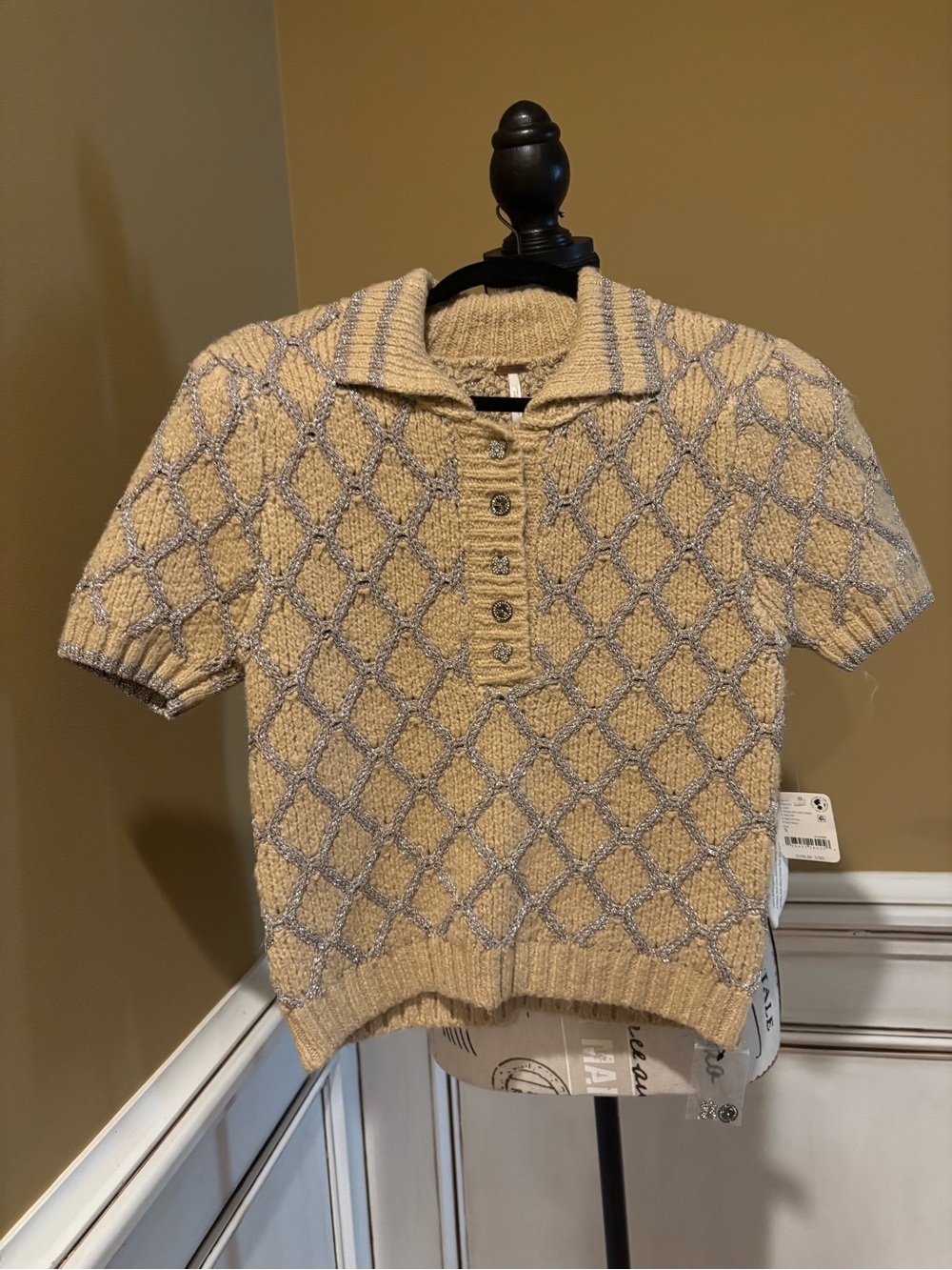 Free People Short Sleeve Knit Polo Sweater in Beige and Light Gray